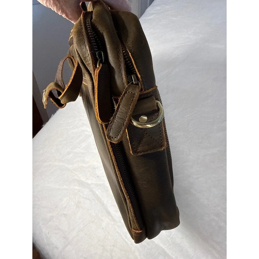 Mens Distressed Leather Briefcase Laptop Messenger Bag Dark Brown Professional